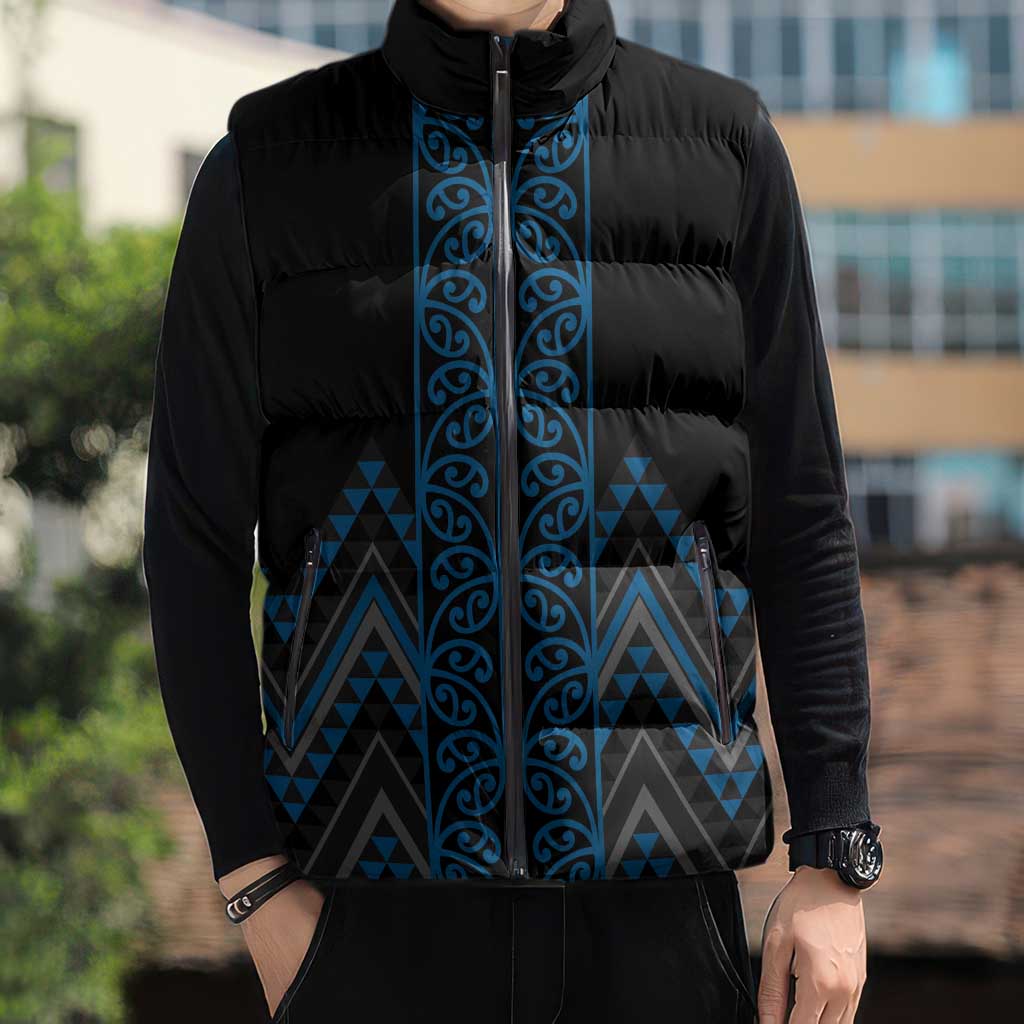 Blue Aotearoa Mangopare Kowhaiwhai Niho Taniwha Sleeveless Puffer Jacket Maori New Zealand - Polynesian Pride