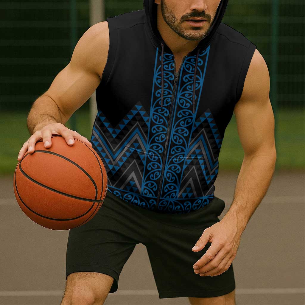 Blue Aotearoa Mangopare Kowhaiwhai Niho Taniwha Sleeveless Zip Hoodie Maori New Zealand - Polynesian Pride