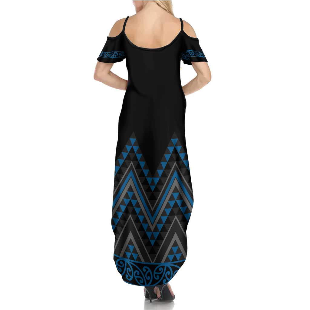 Blue Aotearoa Mangopare Kowhaiwhai and Niho Taniwha Summer Maxi Dress Maori New Zealand