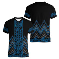 Blue Aotearoa Mangopare Kowhaiwhai and Niho Taniwha Women V-Neck T-Shirt Maori New Zealand LT14 - Polynesian Pride