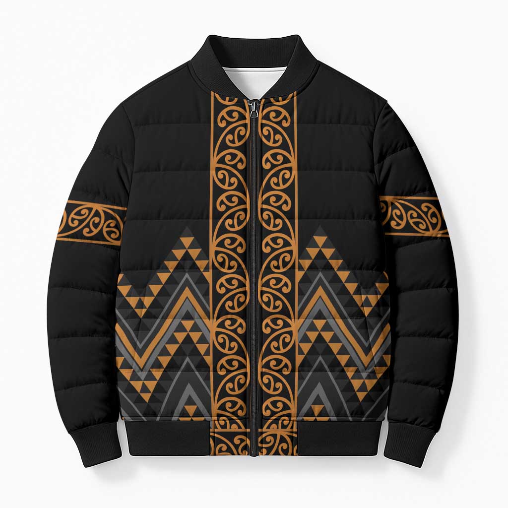 Gold Aotearoa Mangopare Kowhaiwhai Niho Taniwha Bomber Puffer Jacket Maori New Zealand - Polynesian Pride