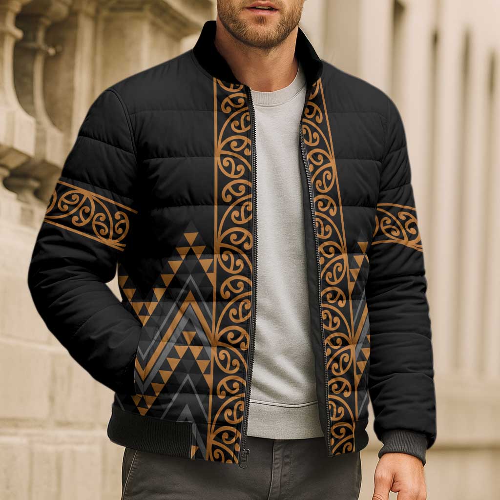 Gold Aotearoa Mangopare Kowhaiwhai Niho Taniwha Bomber Puffer Jacket Maori New Zealand LT14 - Polynesian Pride