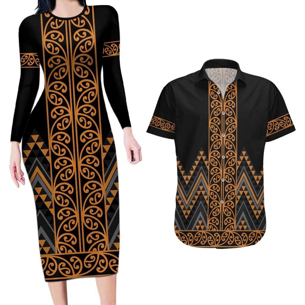Gold Aotearoa Mangopare Kowhaiwhai and Niho Taniwha Couples Matching Long Sleeve Bodycon Dress and Hawaiian Shirt Maori New Zealand LT14 Gold - Polynesian Pride