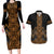 Gold Aotearoa Mangopare Kowhaiwhai and Niho Taniwha Couples Matching Long Sleeve Bodycon Dress and Hawaiian Shirt Maori New Zealand