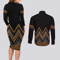 Gold Aotearoa Mangopare Kowhaiwhai and Niho Taniwha Couples Matching Long Sleeve Bodycon Dress and Long Sleeve Button Shirt Maori New Zealand LT14 - Polynesian Pride