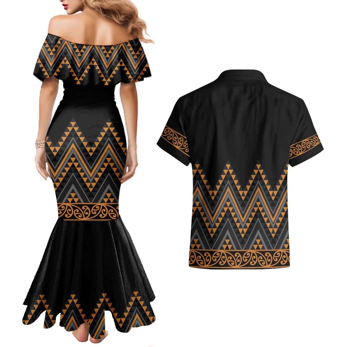 Gold Aotearoa Mangopare Kowhaiwhai and Niho Taniwha Couples Matching Mermaid Dress and Hawaiian Shirt Maori New Zealand LT14 - Polynesian Pride