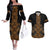 Gold Aotearoa Mangopare Kowhaiwhai and Niho Taniwha Couples Matching Off The Shoulder Long Sleeve Dress and Hawaiian Shirt Maori New Zealand