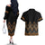 Gold Aotearoa Mangopare Kowhaiwhai and Niho Taniwha Couples Matching Off The Shoulder Long Sleeve Dress and Hawaiian Shirt Maori New Zealand