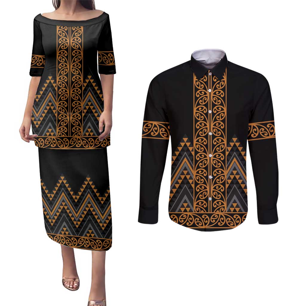 Gold Aotearoa Mangopare Kowhaiwhai and Niho Taniwha Couples Matching Puletasi and Long Sleeve Button Shirt Maori New Zealand LT14 Gold - Polynesian Pride