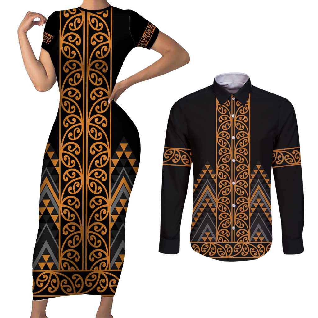 Gold Aotearoa Mangopare Kowhaiwhai and Niho Taniwha Couples Matching Short Sleeve Bodycon Dress and Long Sleeve Button Shirt Maori New Zealand LT14 Gold - Polynesian Pride