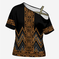 Gold Aotearoa Mangopare Kowhaiwhai Niho Taniwha Cross Shoulder Shirt Maori New Zealand - Polynesian Pride
