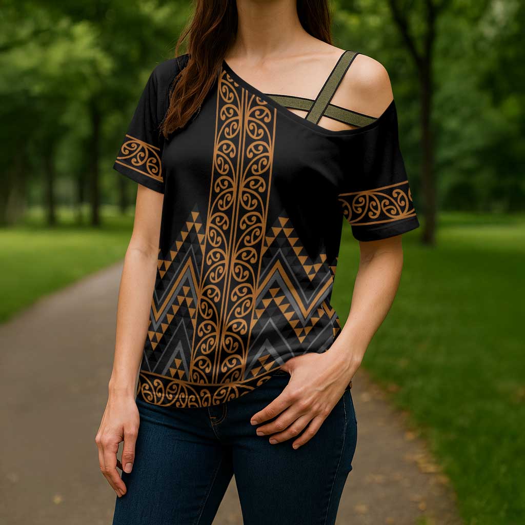Gold Aotearoa Mangopare Kowhaiwhai Niho Taniwha Cross Shoulder Shirt Maori New Zealand - Polynesian Pride