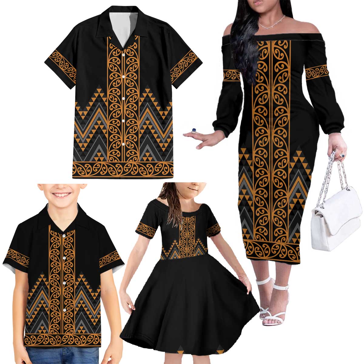Gold Aotearoa Mangopare Kowhaiwhai and Niho Taniwha Family Matching Off The Shoulder Long Sleeve Dress and Hawaiian Shirt Maori New Zealand