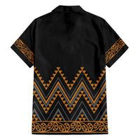 Gold Aotearoa Mangopare Kowhaiwhai and Niho Taniwha Family Matching Off The Shoulder Long Sleeve Dress and Hawaiian Shirt Maori New Zealand