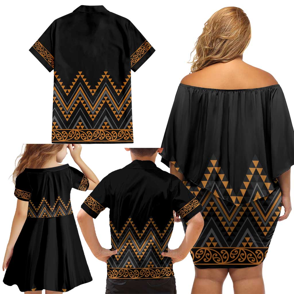 Gold Aotearoa Mangopare Kowhaiwhai and Niho Taniwha Family Matching Off Shoulder Short Dress and Hawaiian Shirt Maori New Zealand