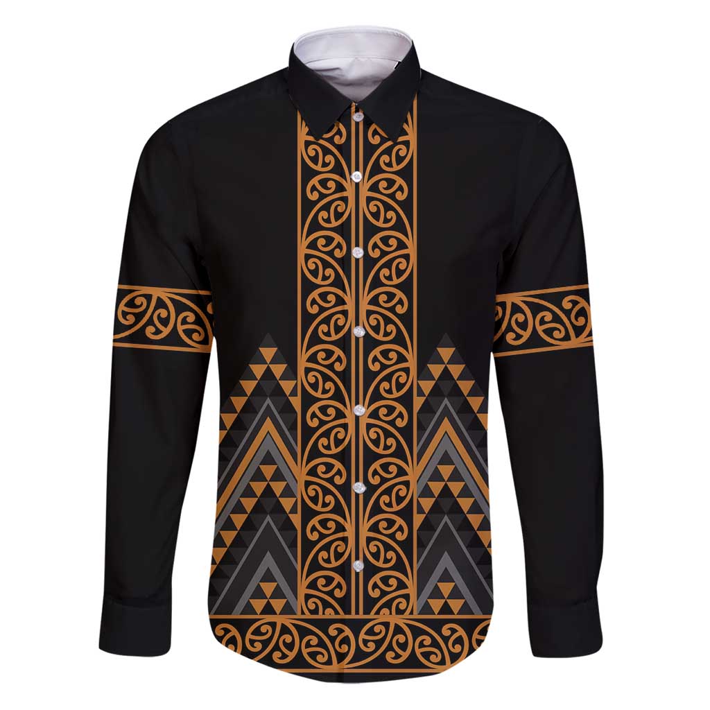 Gold Aotearoa Mangopare Kowhaiwhai and Niho Taniwha Family Matching Puletasi and Hawaiian Shirt Maori New Zealand LT14 Dad's Shirt - Long Sleeve Gold - Polynesian Pride