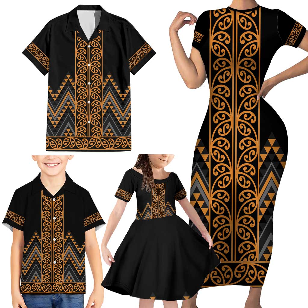 Gold Aotearoa Mangopare Kowhaiwhai and Niho Taniwha Family Matching Short Sleeve Bodycon Dress and Hawaiian Shirt Maori New Zealand LT14 - Polynesian Pride