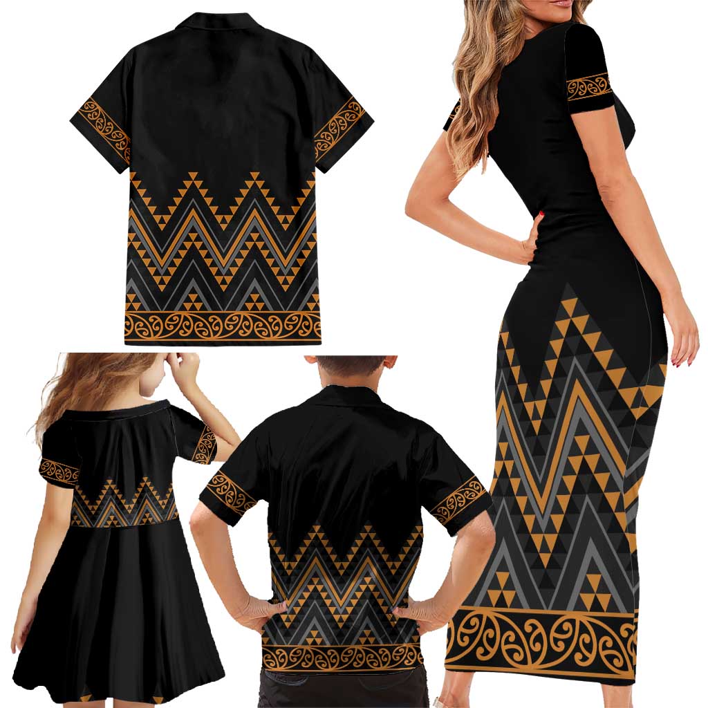 Gold Aotearoa Mangopare Kowhaiwhai and Niho Taniwha Family Matching Short Sleeve Bodycon Dress and Hawaiian Shirt Maori New Zealand LT14 - Polynesian Pride