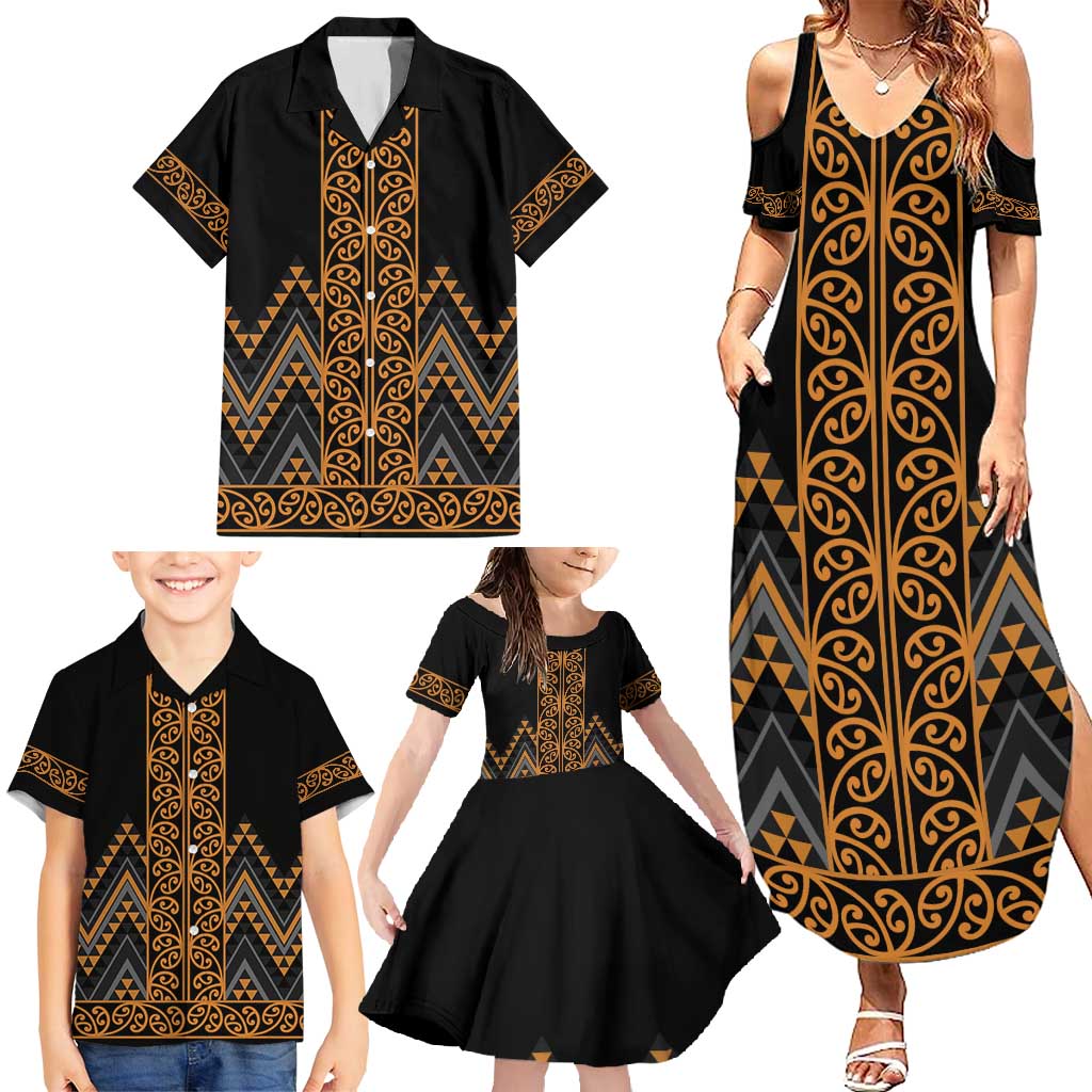 Gold Aotearoa Mangopare Kowhaiwhai and Niho Taniwha Family Matching Summer Maxi Dress and Hawaiian Shirt Maori New Zealand LT14 - Polynesian Pride