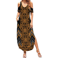 Gold Aotearoa Mangopare Kowhaiwhai and Niho Taniwha Family Matching Summer Maxi Dress and Hawaiian Shirt Maori New Zealand LT14 Mom's Dress Gold - Polynesian Pride