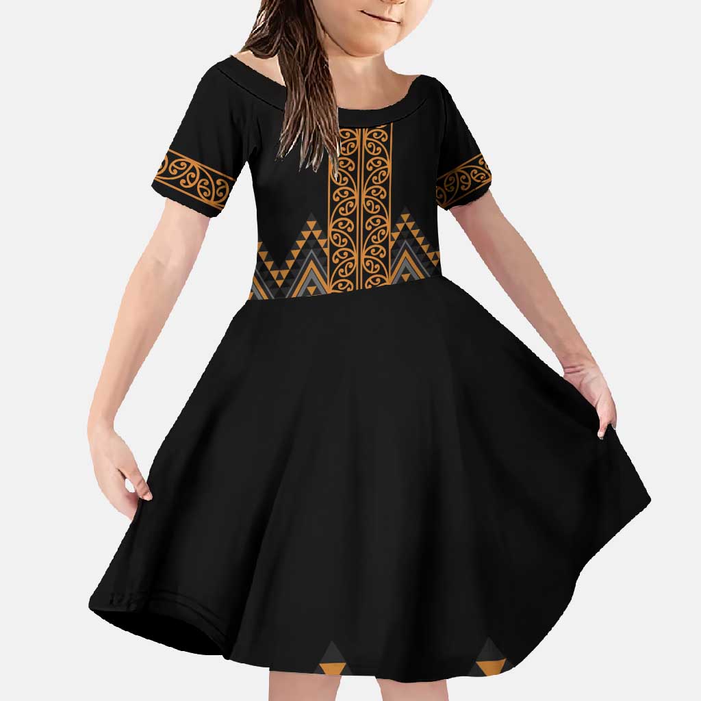 Gold Aotearoa Mangopare Kowhaiwhai and Niho Taniwha Family Matching Tank Maxi Dress and Hawaiian Shirt Maori New Zealand LT14 Daughter's Dress Gold - Polynesian Pride