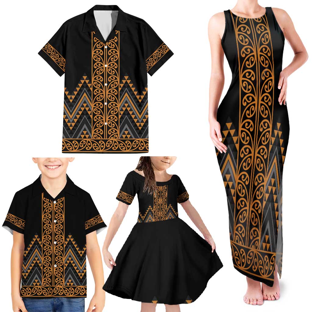 Gold Aotearoa Mangopare Kowhaiwhai and Niho Taniwha Family Matching Tank Maxi Dress and Hawaiian Shirt Maori New Zealand LT14 - Polynesian Pride