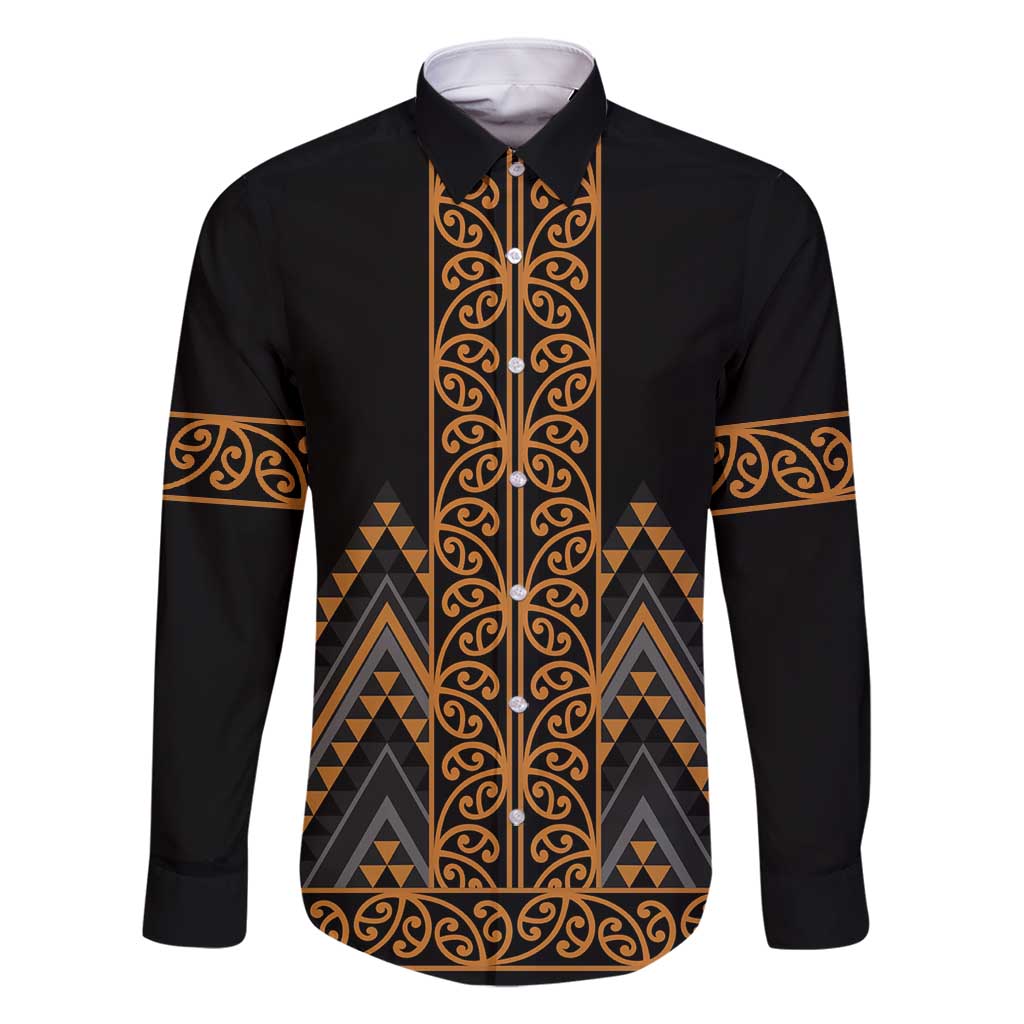 Gold Aotearoa Mangopare Kowhaiwhai and Niho Taniwha Family Matching Tank Maxi Dress and Hawaiian Shirt Maori New Zealand LT14 Dad's Shirt - Long Sleeve Gold - Polynesian Pride