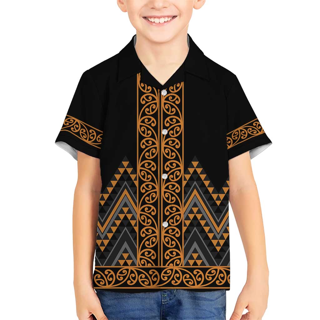 Gold Aotearoa Mangopare Kowhaiwhai and Niho Taniwha Kid Hawaiian Shirt Maori New Zealand