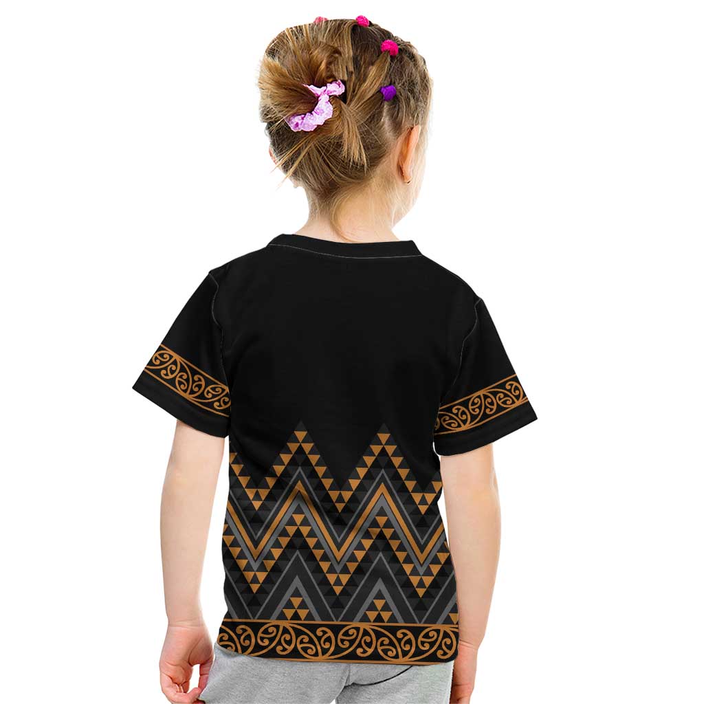 Gold Aotearoa Mangopare Kowhaiwhai and Niho Taniwha Kid T Shirt Maori New Zealand
