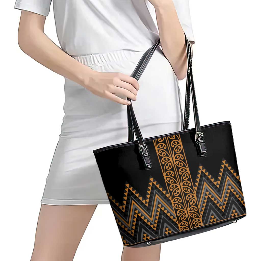 Gold Aotearoa Mangopare Kowhaiwhai and Niho Taniwha Leather Tote Bag Maori New Zealand