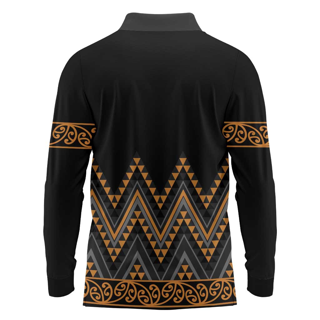 Gold Aotearoa Mangopare Kowhaiwhai and Niho Taniwha Long Sleeve Polo Shirt Maori New Zealand