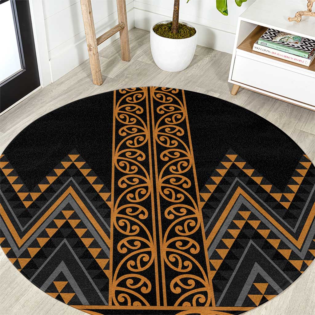 Gold Aotearoa Mangopare Kowhaiwhai and Niho Taniwha Round Carpet Maori New Zealand