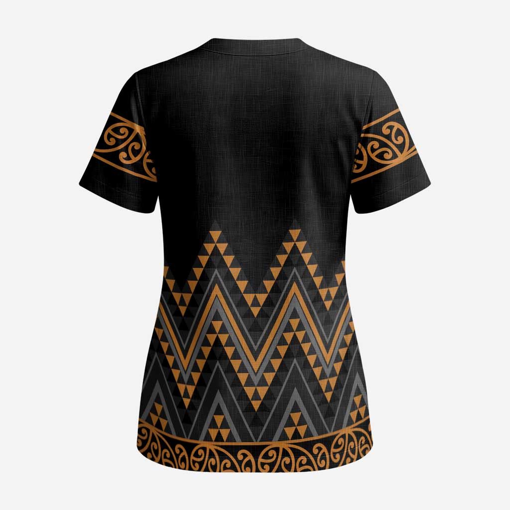 Gold Aotearoa Mangopare Kowhaiwhai and Niho Taniwha Scrub Top Maori New Zealand - Polynesian Pride