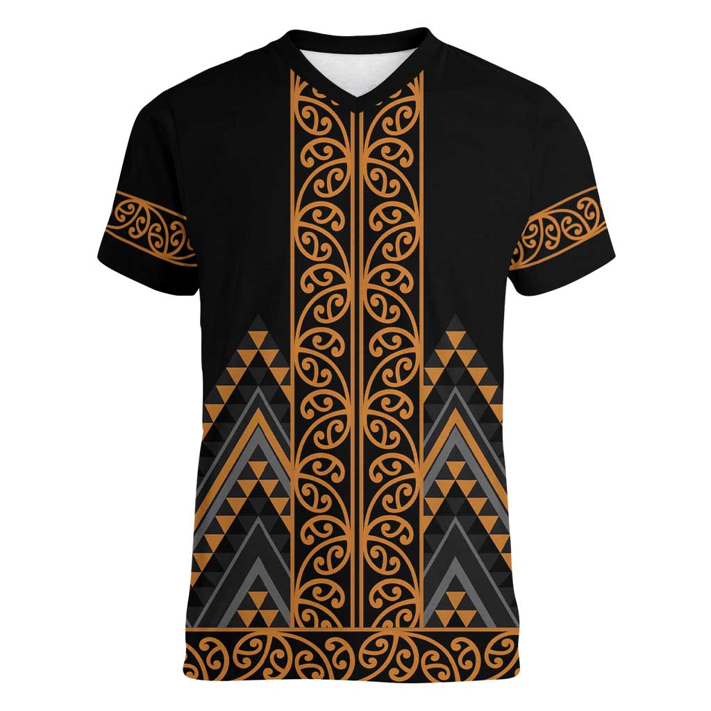 Gold Aotearoa Mangopare Kowhaiwhai and Niho Taniwha Women V-Neck T-Shirt Maori New Zealand LT14 Female Gold - Polynesian Pride