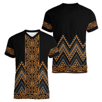 Gold Aotearoa Mangopare Kowhaiwhai and Niho Taniwha Women V-Neck T-Shirt Maori New Zealand LT14 - Polynesian Pride