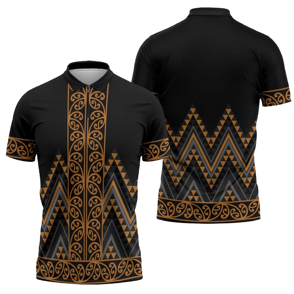 Gold Aotearoa Mangopare Kowhaiwhai Niho Taniwha Zipper Polo Shirt Maori New Zealand - Polynesian Pride