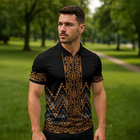 Gold Aotearoa Mangopare Kowhaiwhai Niho Taniwha Zipper Polo Shirt Maori New Zealand - Polynesian Pride