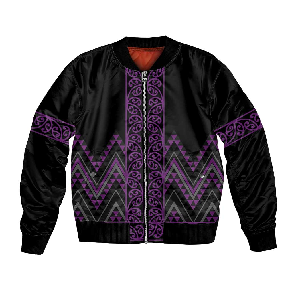 Purple Aotearoa Mangopare Kowhaiwhai and Niho Taniwha Bomber Jacket Maori New Zealand LT14 Unisex Purple - Polynesian Pride