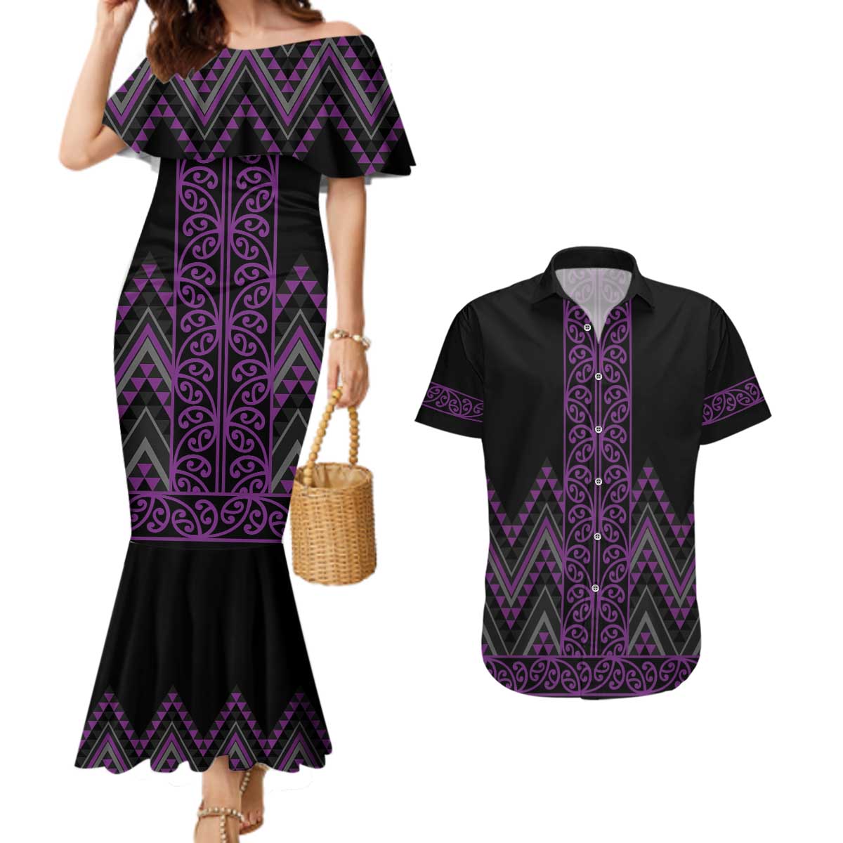 Purple Aotearoa Mangopare Kowhaiwhai and Niho Taniwha Couples Matching Mermaid Dress and Hawaiian Shirt Maori New Zealand LT14 Purple - Polynesian Pride