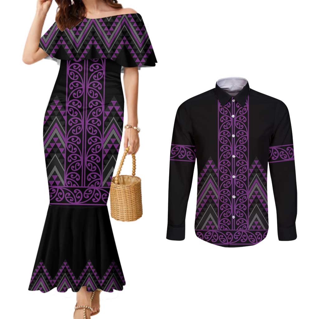 Purple Aotearoa Mangopare Kowhaiwhai and Niho Taniwha Couples Matching Mermaid Dress and Long Sleeve Button Shirt Maori New Zealand