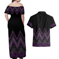 Purple Aotearoa Mangopare Kowhaiwhai and Niho Taniwha Couples Matching Off Shoulder Maxi Dress and Hawaiian Shirt Maori New Zealand LT14 - Polynesian Pride