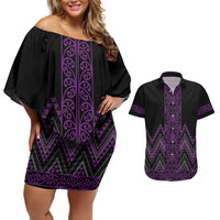 Purple Aotearoa Mangopare Kowhaiwhai and Niho Taniwha Couples Matching Off Shoulder Short Dress and Hawaiian Shirt Maori New Zealand LT14 Purple - Polynesian Pride