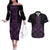 Purple Aotearoa Mangopare Kowhaiwhai and Niho Taniwha Couples Matching Off The Shoulder Long Sleeve Dress and Hawaiian Shirt Maori New Zealand