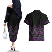 Purple Aotearoa Mangopare Kowhaiwhai and Niho Taniwha Couples Matching Off The Shoulder Long Sleeve Dress and Hawaiian Shirt Maori New Zealand