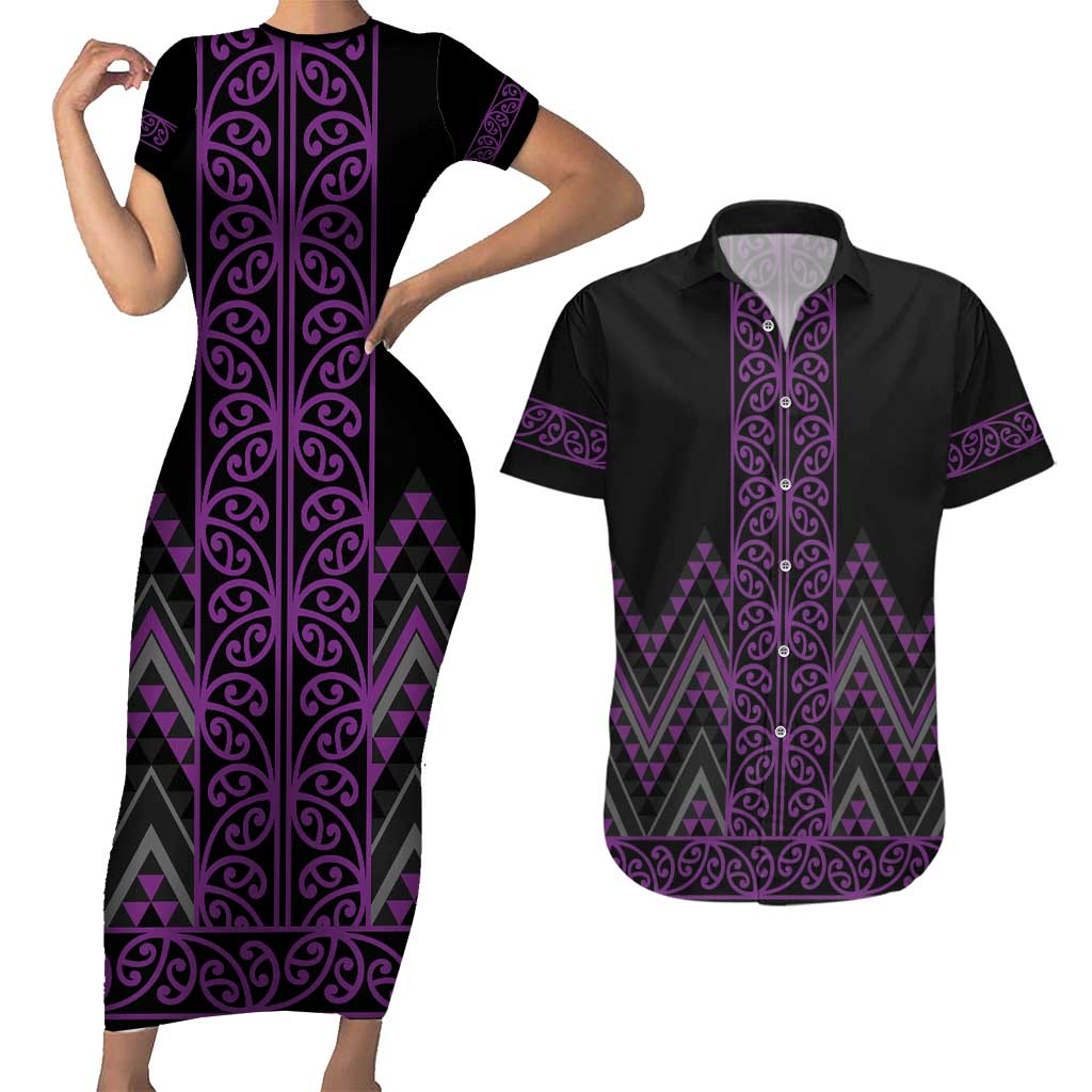 Purple Aotearoa Mangopare Kowhaiwhai and Niho Taniwha Couples Matching Short Sleeve Bodycon Dress and Hawaiian Shirt Maori New Zealand LT14 Purple - Polynesian Pride