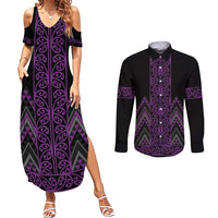 Purple Aotearoa Mangopare Kowhaiwhai and Niho Taniwha Couples Matching Summer Maxi Dress and Long Sleeve Button Shirt Maori New Zealand LT14 Purple - Polynesian Pride