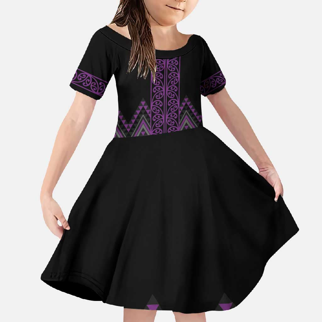 Purple Aotearoa Mangopare Kowhaiwhai and Niho Taniwha Family Matching Long Sleeve Bodycon Dress and Hawaiian Shirt Maori New Zealand LT14 Daughter's Dress Purple - Polynesian Pride