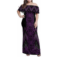 Purple Aotearoa Mangopare Kowhaiwhai and Niho Taniwha Family Matching Off Shoulder Maxi Dress and Hawaiian Shirt Maori New Zealand