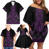 Purple Aotearoa Mangopare Kowhaiwhai and Niho Taniwha Family Matching Off Shoulder Short Dress and Hawaiian Shirt Maori New Zealand