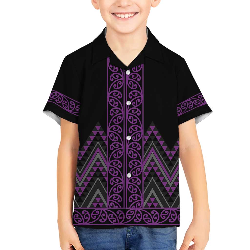 Purple Aotearoa Mangopare Kowhaiwhai and Niho Taniwha Family Matching Off Shoulder Short Dress and Hawaiian Shirt Maori New Zealand